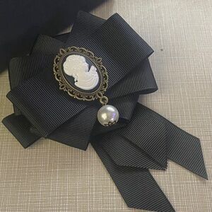 Black Cameo Ribbon Brooch with Pearl Drop